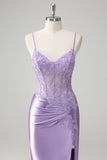 Sparkly Lilac Mermaid Spaghetti Straps Corset Applique Long Prom Dress with Slit