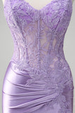 Sparkly Lilac Mermaid Spaghetti Straps Corset Applique Long Prom Dress with Slit