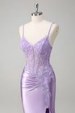 Sparkly Lilac Mermaid Spaghetti Straps Corset Applique Long Prom Dress with Slit