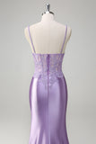 Sparkly Lilac Mermaid Spaghetti Straps Corset Applique Long Prom Dress with Slit