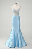 Blue Mermaid Spaghetti Straps Corset Long Ruched Prom Dress with Appliques