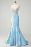 Blue Mermaid Spaghetti Straps Corset Long Ruched Prom Dress with Appliques