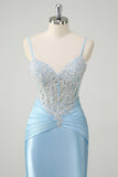 Blue Mermaid Spaghetti Straps Corset Long Ruched Prom Dress with Appliques