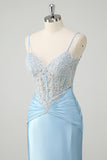 Blue Mermaid Spaghetti Straps Corset Long Ruched Prom Dress with Appliques