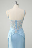 Blue Mermaid Spaghetti Straps Corset Long Ruched Prom Dress with Appliques