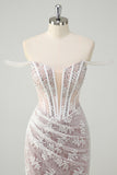 White Mermaid Off the Shoulder Ruched Beaded Corset Lace Prom Dress with Appliques