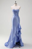 Sparkly Grey Blue Mermaid Strapless Corset Sequin Long Prom Dress with Ruffle Slit