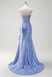 Sparkly Grey Blue Mermaid Strapless Corset Sequin Long Prom Dress with Ruffle Slit