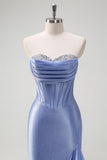 Sparkly Grey Blue Mermaid Strapless Corset Sequin Long Prom Dress with Ruffle Slit