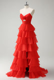 Orange Sweetheart Princess Cut Out Tiered Chiffon Long Prom Dress with Slit