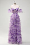 Lilac Strapless A Line Removable Sleeves Tiered Corset Printed Prom Dress with Slit