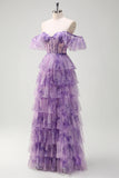 Lilac Strapless A Line Removable Sleeves Tiered Corset Printed Prom Dress with Slit