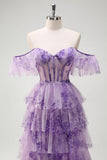 Lilac Strapless A Line Removable Sleeves Tiered Corset Printed Prom Dress with Slit