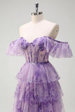 Lilac Strapless A Line Removable Sleeves Tiered Corset Printed Prom Dress with Slit