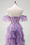 Lilac Strapless A Line Removable Sleeves Tiered Corset Printed Prom Dress with Slit