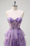 Lilac Strapless A Line Removable Sleeves Tiered Corset Printed Prom Dress with Slit