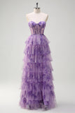 Lilac Strapless A Line Removable Sleeves Tiered Corset Printed Prom Dress with Slit