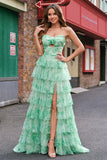 Green Floral A-Line Strapless Cut Out Ruffles Long Prom Dress with Slit