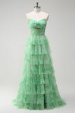 Green Floral A-Line Strapless Cut Out Ruffles Long Prom Dress with Slit