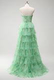 Green Floral A-Line Strapless Cut Out Ruffles Long Prom Dress with Slit