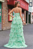 Green Floral Strapless A-Line Ruched Cut Out Corset Tiered Prom Dress with Slit