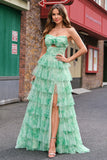 Green Floral Strapless A-Line Ruched Cut Out Corset Tiered Prom Dress with Slit