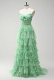 Green Floral Strapless A-Line Ruched Cut Out Corset Tiered Prom Dress with Slit