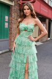 Green Floral A-Line Strapless Cut Out Ruffles Long Prom Dress with Slit