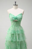 Green Floral Strapless A-Line Ruched Cut Out Corset Tiered Prom Dress with Slit