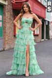 Green Floral A-Line Strapless Cut Out Ruffles Long Prom Dress with Slit