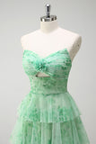 Green Floral Strapless A-Line Ruched Cut Out Corset Tiered Prom Dress with Slit