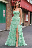 Green Floral A-Line Strapless Cut Out Ruffles Long Prom Dress with Slit