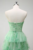 Green Floral Strapless A-Line Ruched Cut Out Corset Tiered Prom Dress with Slit