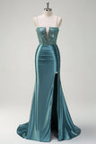 Sparkly Dusty Green Mermaid Cut Out Beaded Long Prom Dress with Slit