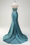 Sparkly Dusty Green Mermaid Cut Out Beaded Long Prom Dress with Slit