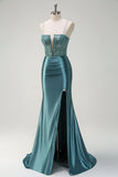 Sparkly Dusty Green Mermaid Cut Out Beaded Long Prom Dress with Slit