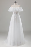 Ivory A-Line Off the Shoulder Corset Long Wedding Dress with Lace