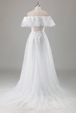 Ivory A-Line Off the Shoulder Corset Long Wedding Dress with Lace