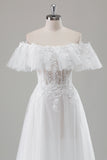 Ivory A-Line Off the Shoulder Corset Long Wedding Dress with Lace