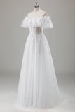 Ivory A-Line Off the Shoulder Corset Long Wedding Dress with Lace