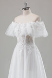 Ivory A-Line Off the Shoulder Corset Long Wedding Dress with Lace