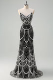 Glitter Black Strapless Sequins Long Mermaid Prom Dress with Beading