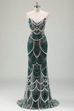 Glitter Dark Green Strapless Sequins Long Mermaid Prom Dress with Beading