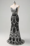 Glitter Black Strapless Sequins Long Mermaid Prom Dress with Beading