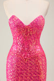 Sparkly Fuchsia Mermaid Strapless Corset Long Prom Dress with Slit