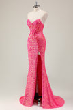 Sparkly Fuchsia Mermaid Strapless Corset Long Prom Dress with Slit