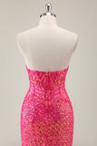 Sparkly Fuchsia Mermaid Strapless Corset Long Prom Dress with Slit