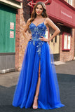 Royal Blue A-Line Spaghetti Straps Corset Tulle Prom Dress With Embroidery