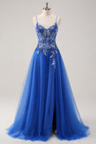 Royal Blue A-Line Spaghetti Straps Tulle Corset Beaded Long Prom Dress with Slit