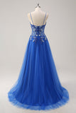 Royal Blue A-Line Spaghetti Straps Tulle Corset Beaded Long Prom Dress with Slit